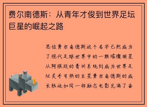 费尔南德斯：从青年才俊到世界足坛巨星的崛起之路