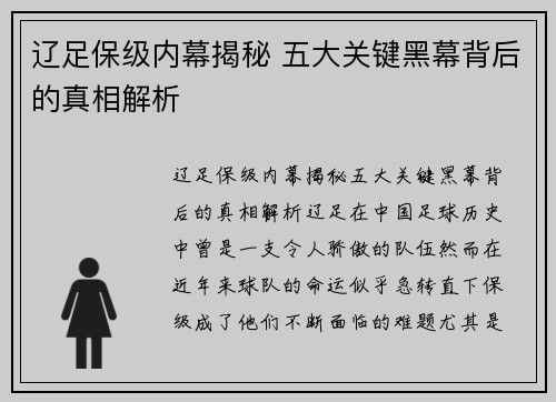 辽足保级内幕揭秘 五大关键黑幕背后的真相解析