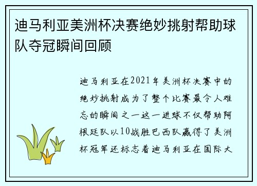 迪马利亚美洲杯决赛绝妙挑射帮助球队夺冠瞬间回顾